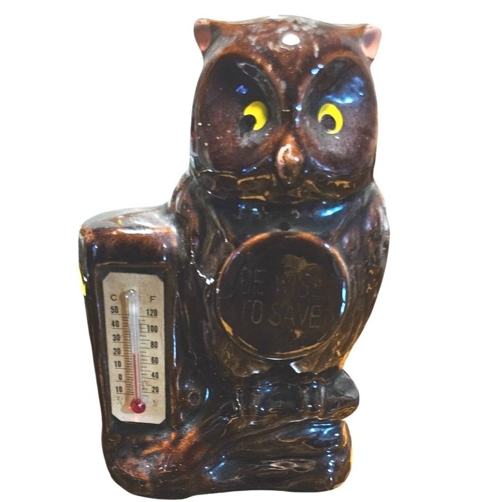 Vintage Bank Ceramic Owl Coin Brown With Thermometer "Be Wise To Save" Design 5"